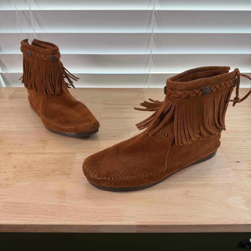Minnetonka Ankle Boots Women's Dark Brown Suede Fringe Back Zip Moccasin - 9